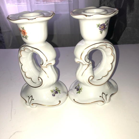 Ornate White and Orange Candlestick Holders - Floral Accents by Weimar Germany - Picture 6 of 7